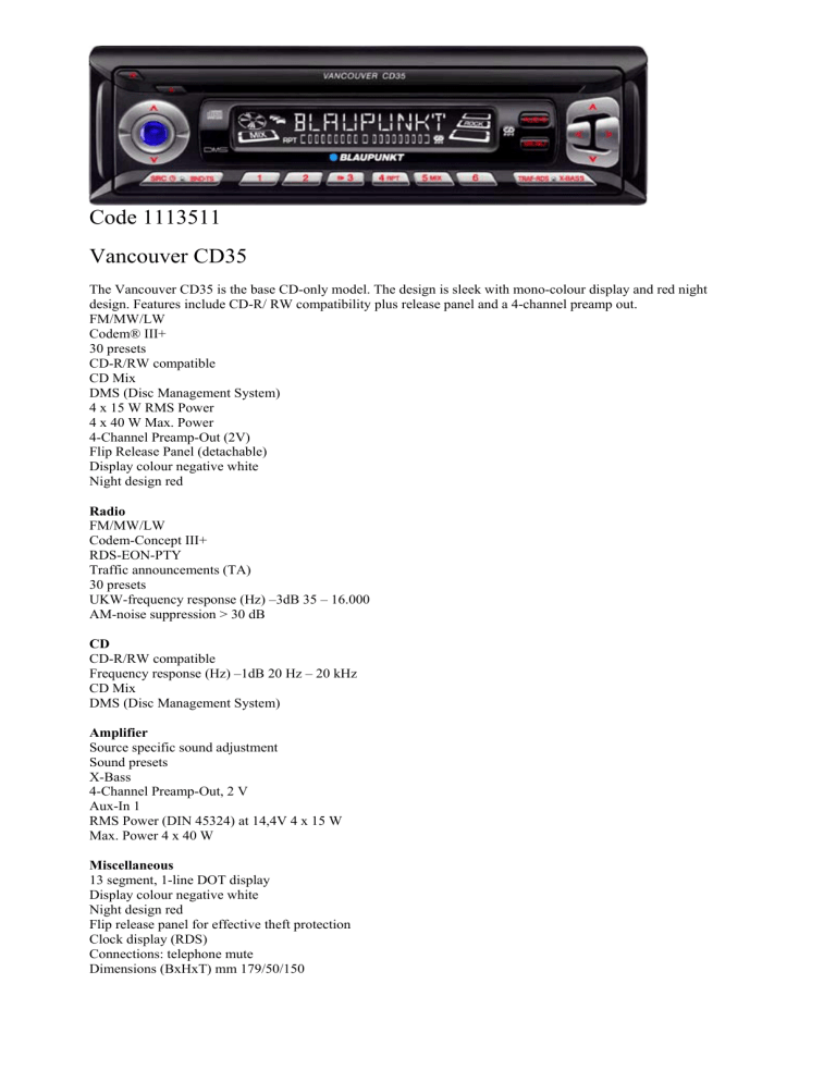Code 1113511 Vancouver CD35 Code 1113511 Vancouver CD35