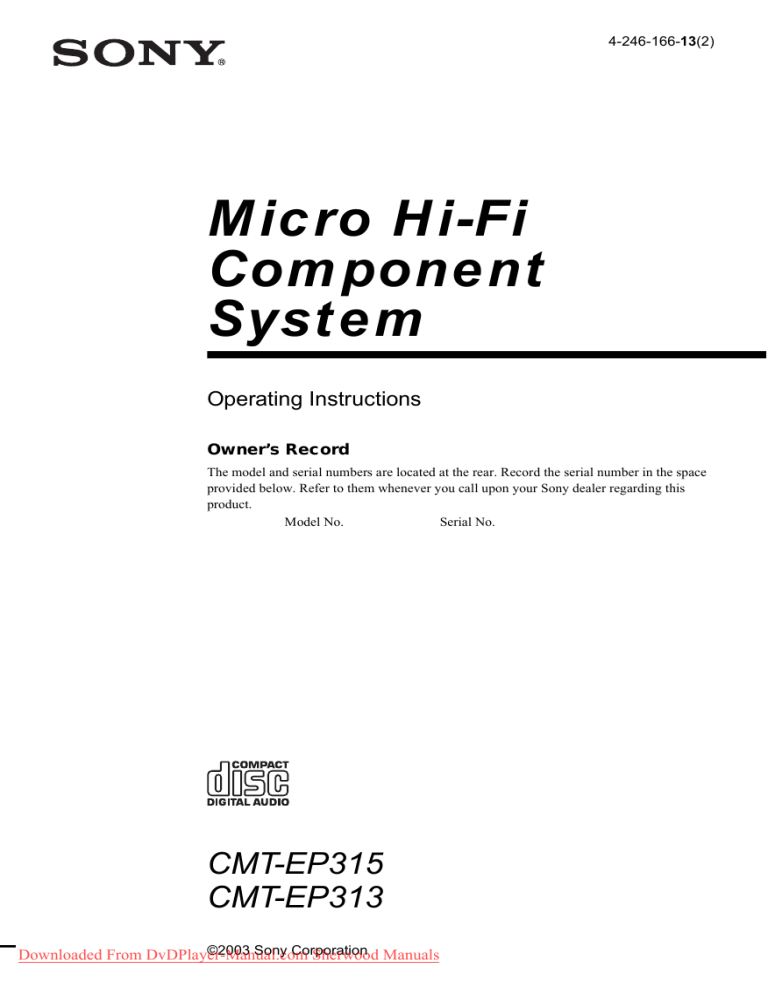 Sony CMT-EP315 User Guide Manual Sony CMT-EP315 User Guide Manual