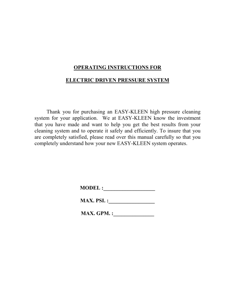 OPERATING INSTRUCTIONS FOR ELECTRIC OPERATING INSTRUCTIONS FOR ELECTRIC