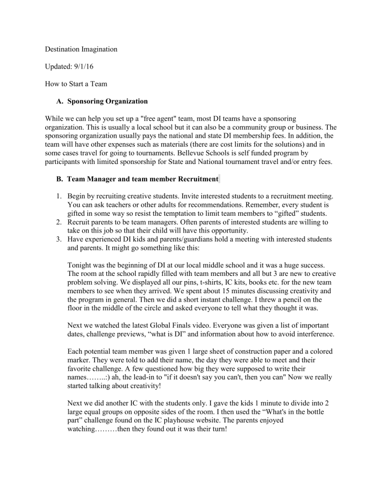 Destination Imagination Updated: 9/1/16 How to Start Destination Imagination Updated: 9/1/16 How to Start