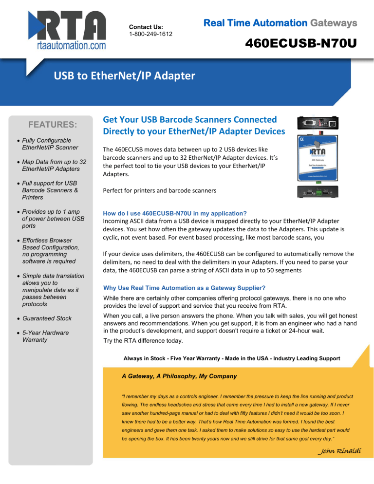USB to EtherNet/IP Adapter 460ECUSB-N70U USB to EtherNet/IP Adapter 460ECUSB-N70U