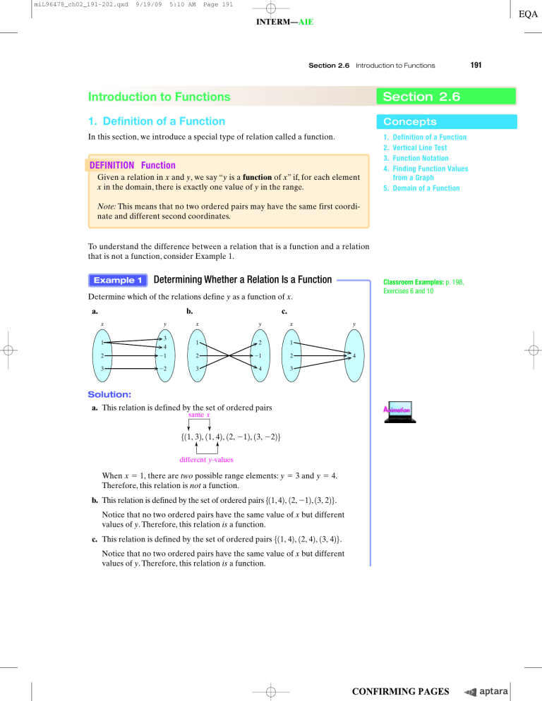 Introduction to Functions Section 2.6 Introduction to Functions Section 2.6