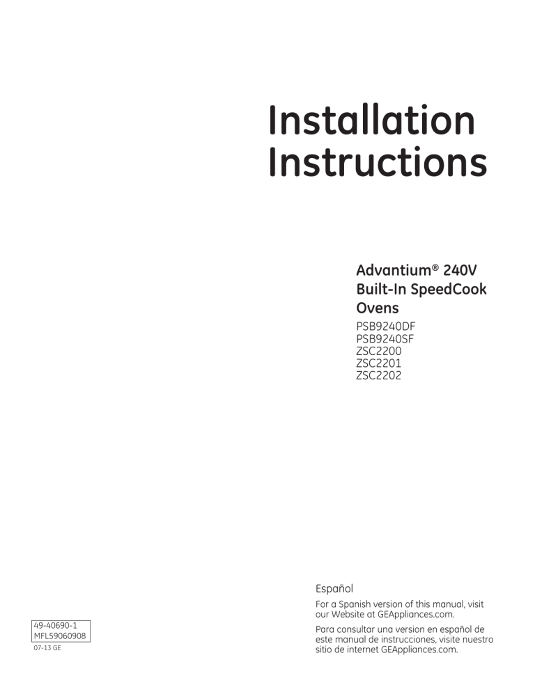 GE Profile PSB9240SFSS Installation guide GE Profile PSB9240SFSS Installation guide