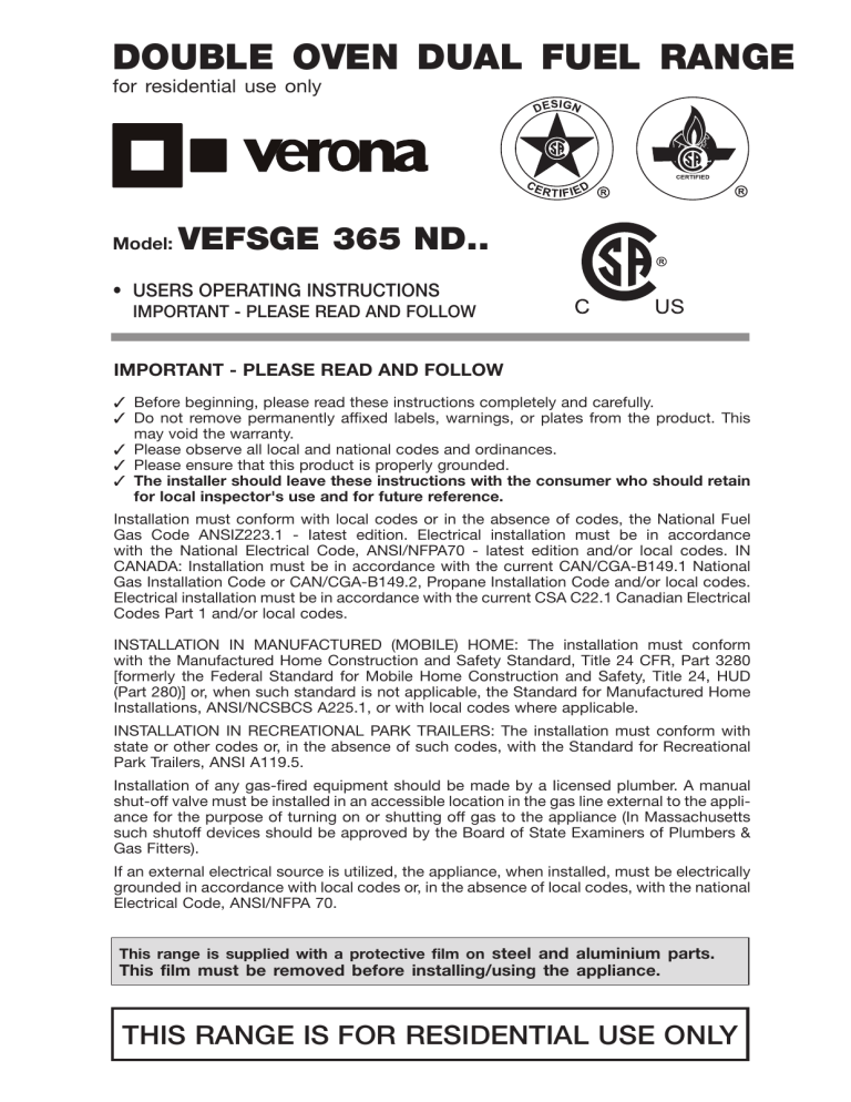Verona VEFSGE365NDBU Operating instructions Verona VEFSGE365NDBU Operating instructions