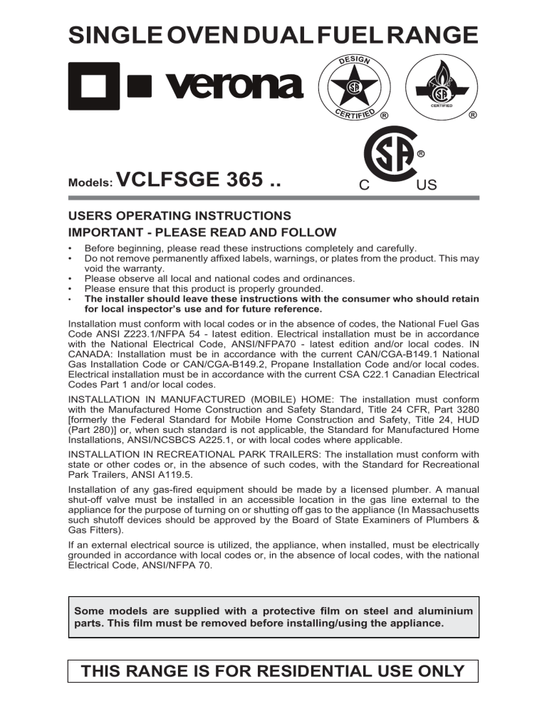Verona VCLFSGE365E Operating instructions Verona VCLFSGE365E Operating instructions