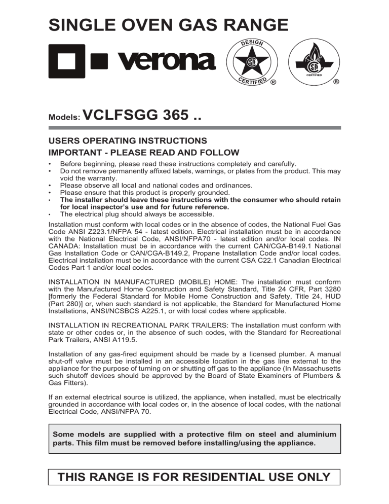 Verona VCLFSGG365E, VCLFSGG365DE Operating instructions Verona VCLFSGG365E, VCLFSGG365DE Operating instructions