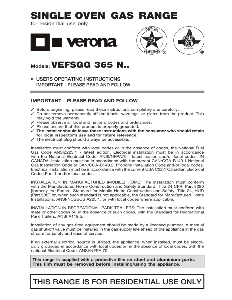 Verona VEFSGG365NBU Operating instructions Verona VEFSGG365NBU Operating instructions
