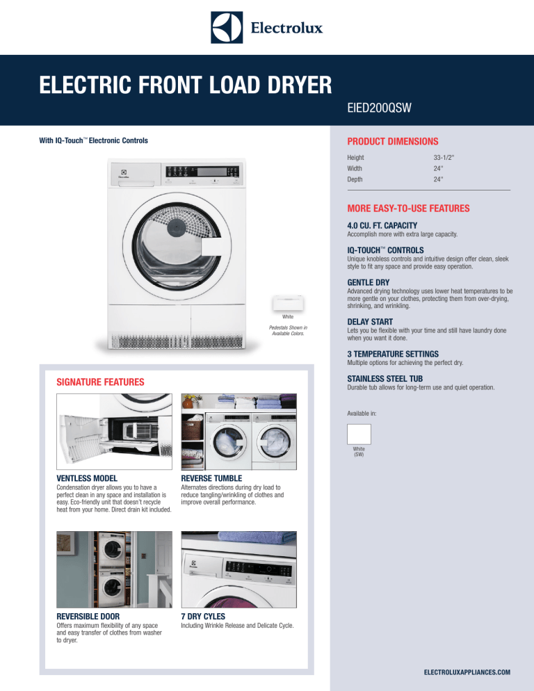 Electrolux EIED200QSW Specification Electrolux EIED200QSW Specification