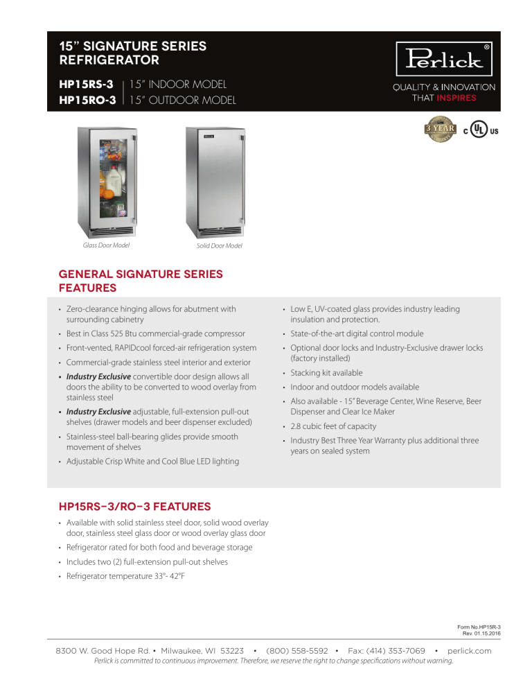 Perlick HP15RS-3-5C, HP15BS33LC, HP15RS-3-1RC, HP15RO-3-3RC, HP15RS-3-3LC, HP15RO-3-3LC Specification Perlick HP15RS-3-5C, HP15BS33LC, HP15RS-3-1RC, HP15RO-3-3RC, HP15RS-3-3LC, HP15RO-3-3LC Specification