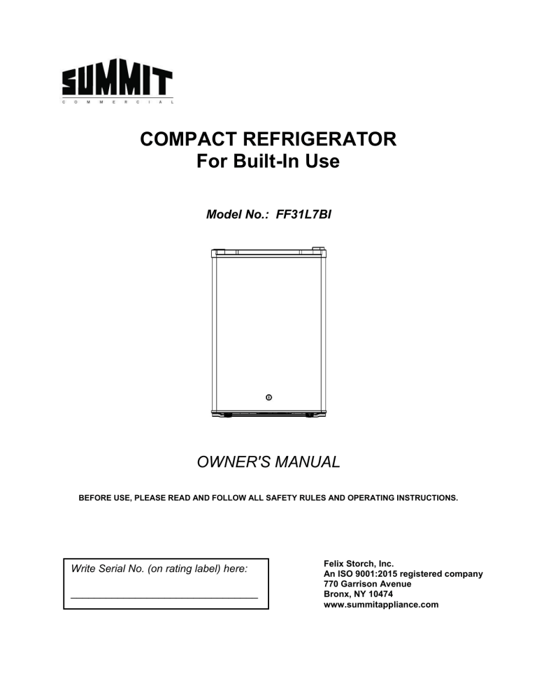 Summit FFAR25L7BI User guide Summit FFAR25L7BI User guide