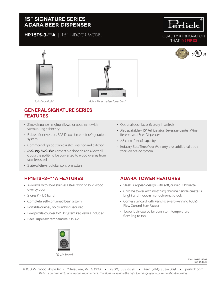 Perlick HP15TS-3-1RAC, HP15TS-3-1LAC Specification Perlick HP15TS-3-1RAC, HP15TS-3-1LAC Specification