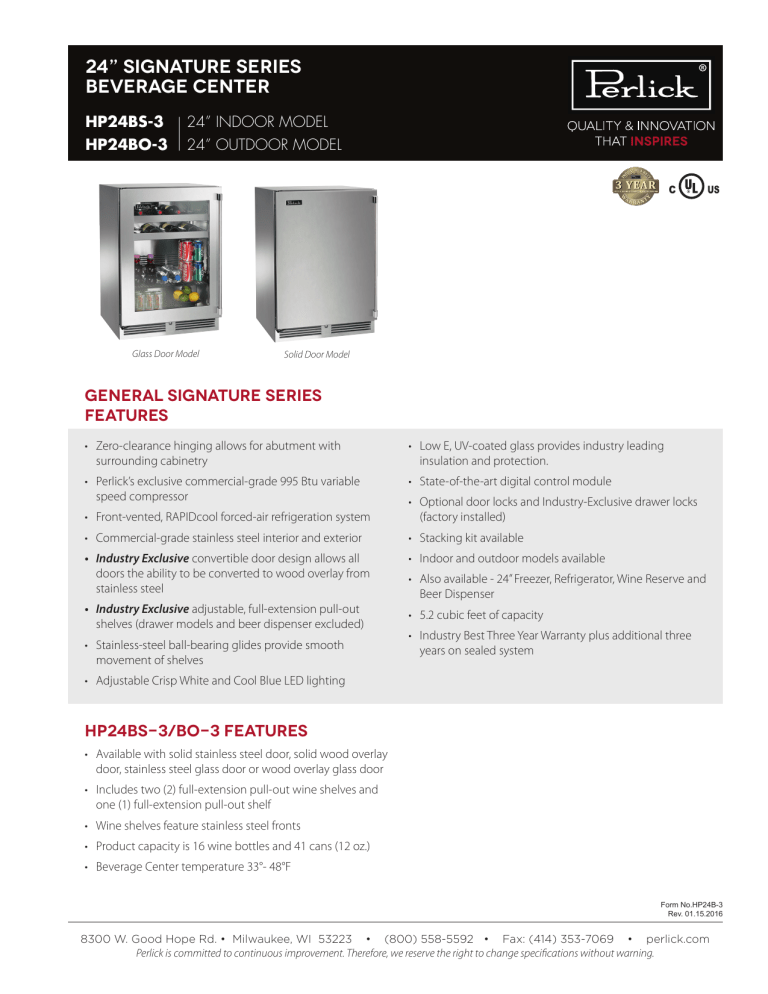 Perlick HP24BS-3-3RC, HP24BS-3-1RC Specification Perlick HP24BS-3-3RC, HP24BS-3-1RC Specification