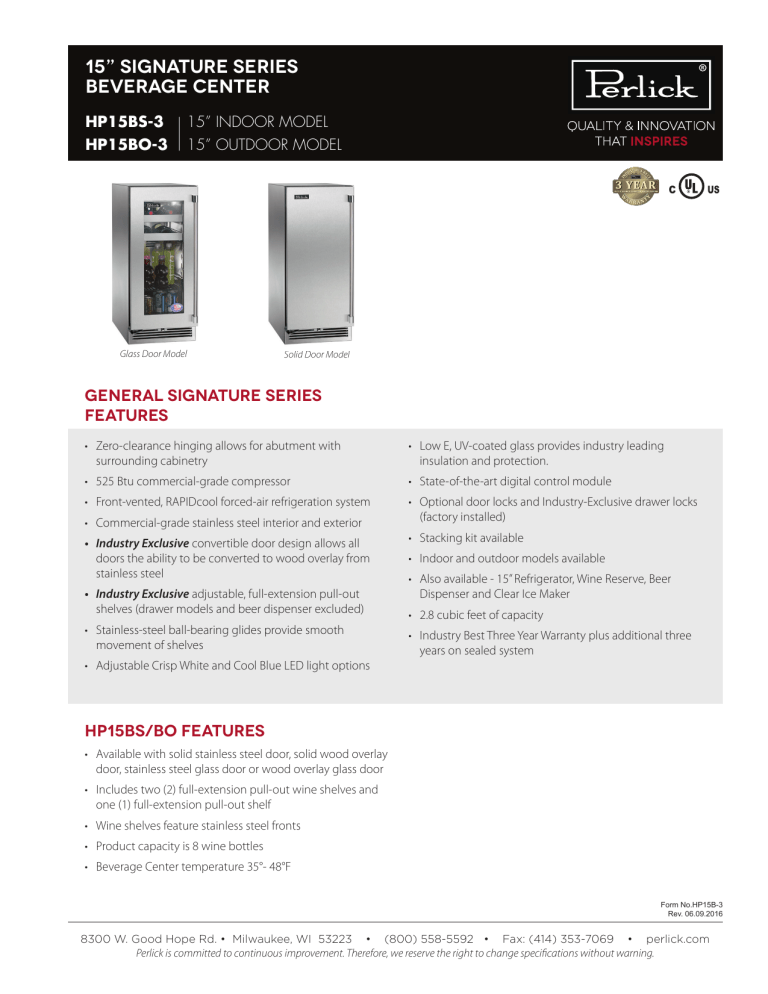 Perlick HP15BS31LC, HP15BO33LC Specification Perlick HP15BS31LC, HP15BO33LC Specification