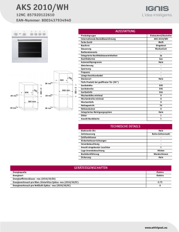 Ignis Aks Wh Oven Product Data Sheet Manualzz