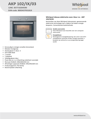 Whirlpool AKP 102 IX 03 Oven Product Data Sheet Manualzz