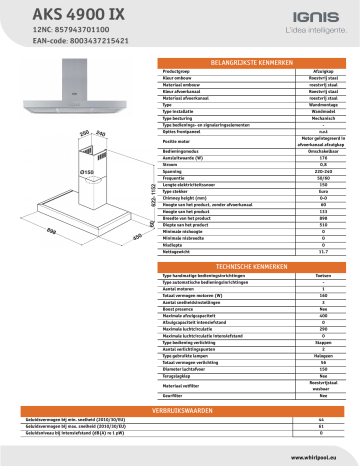 Ignis AKS 4900 IX Hood Product Data Sheet Manualzz