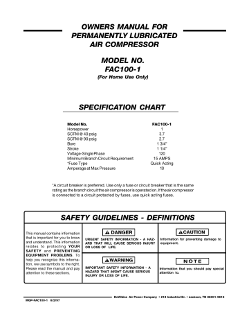 DeVillbiss Air Power Company Air Compressor MGP-FAC100-1 Owner's Manual | Manualzz