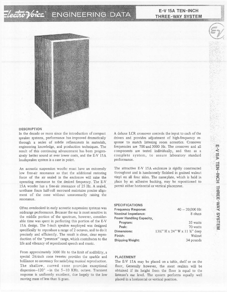 Electro-Voice E-V 15A, Portable Speaker E-V 15A Datasheet Electro-Voice E-V 15A, Portable Speaker E-V 15A Datasheet