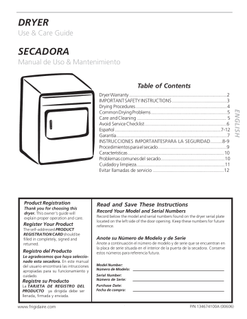 Frigidaire Clothes Dryer 134674100A User manual Frigidaire Clothes Dryer 134674100A User manual