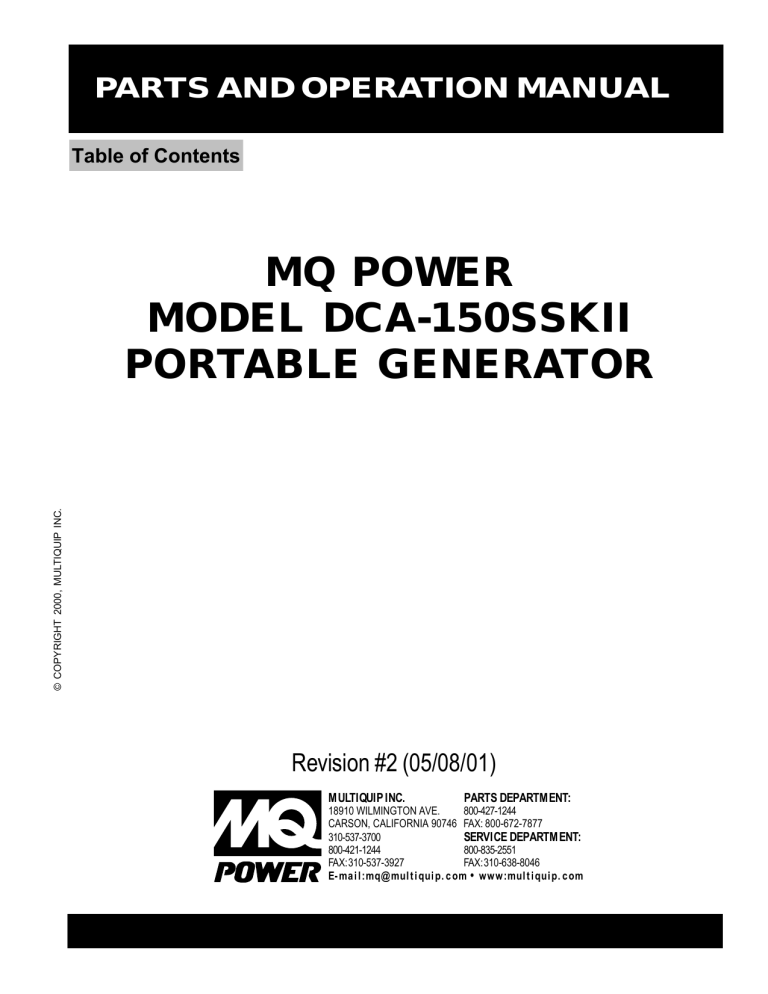 MQ Power DCA150SSK2, Portable Generator DCA-150SSKII User manual MQ Power DCA150SSK2, Portable Generator DCA-150SSKII User manual