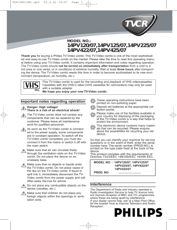 Philips TV VCR Combo 14PV125/07 User manual Philips TV VCR Combo 14PV125/07 User manual