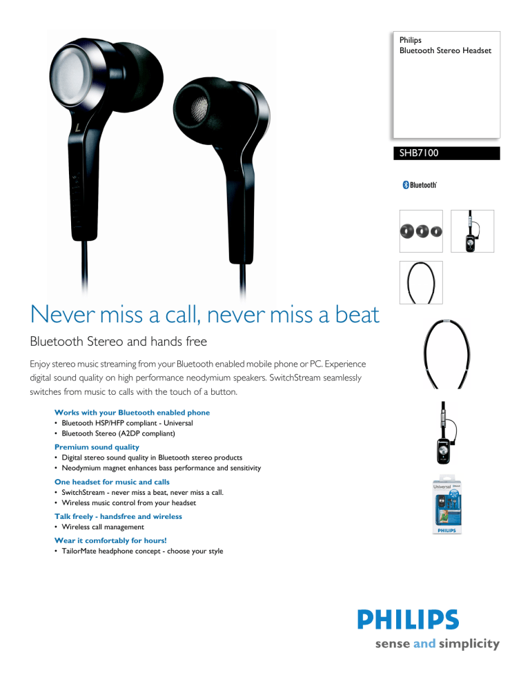 Philips Bluetooth Headset SHB7100 User manual Philips Bluetooth Headset SHB7100 User manual