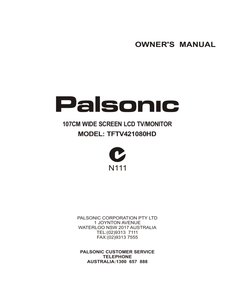 Palsonic Flat Panel Television TFTV421080HD, TFTV421080HD User manual Palsonic Flat Panel Television TFTV421080HD, TFTV421080HD User manual