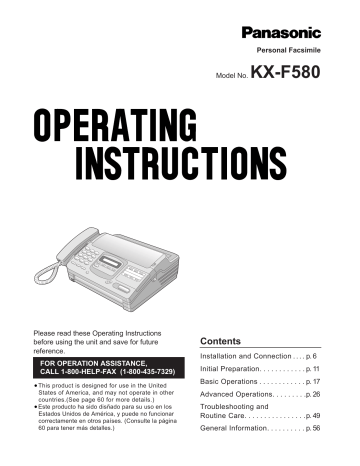 Panasonic Fax Machine KX-F580 User manual Panasonic Fax Machine KX-F580 User manual