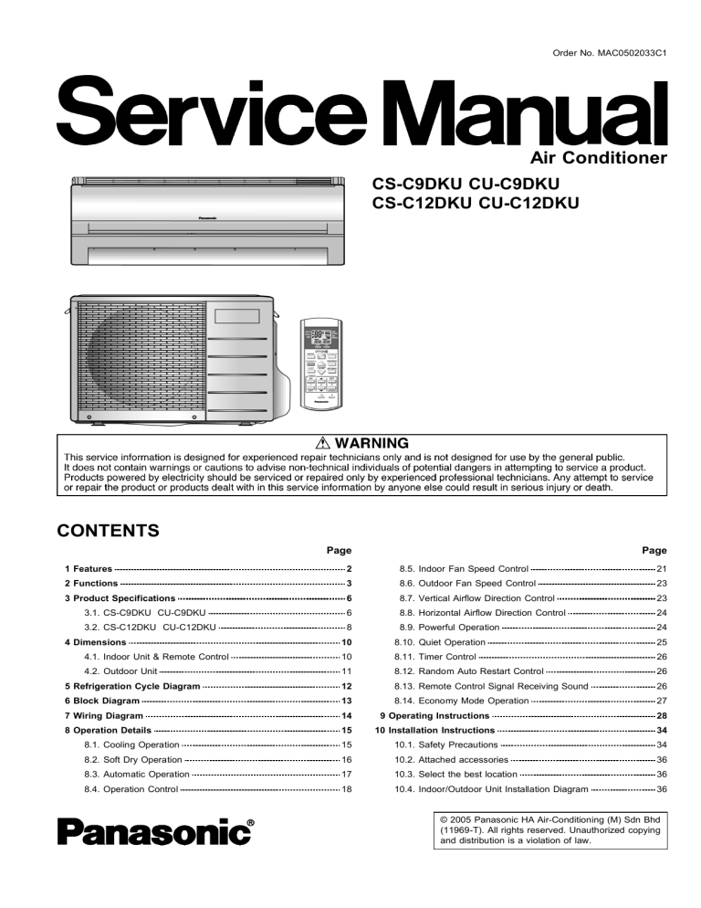Panasonic CS-C12DKU, CU-C12DKU, CU-C9DKU, Air Conditioner CS-C12DKU, CS-C9DKU User manual Panasonic CS-C12DKU, CU-C12DKU, CU-C9DKU, Air Conditioner CS-C12DKU, CS-C9DKU User manual