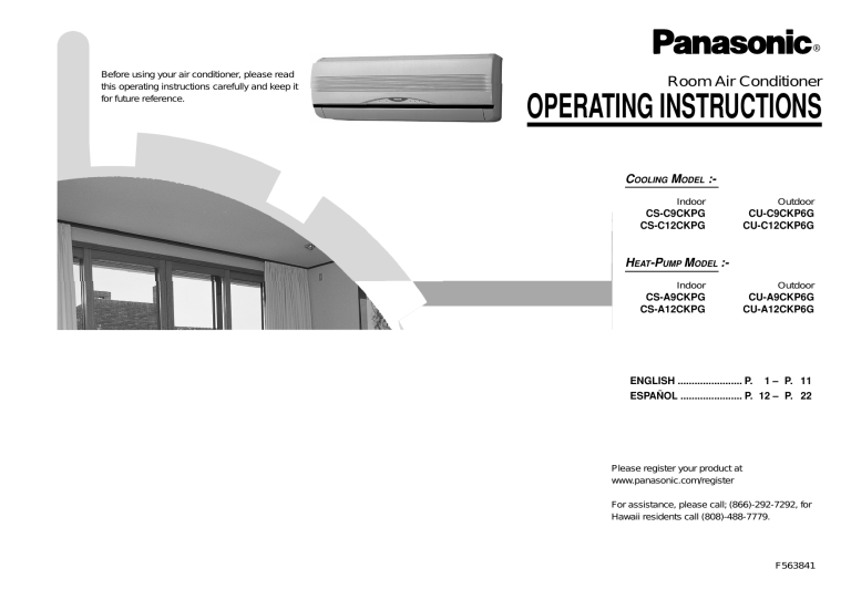 Panasonic Air Conditioner CS-A9CKPG User manual Panasonic Air Conditioner CS-A9CKPG User manual