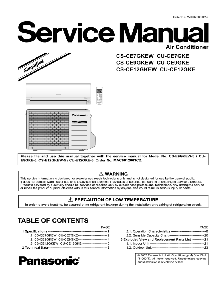 Panasonic Air Conditioner CS-CE9GKEW User manual Panasonic Air Conditioner CS-CE9GKEW User manual