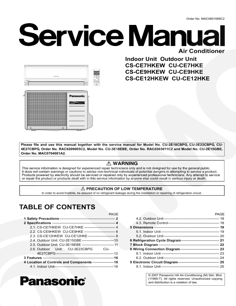 Panasonic Air Conditioner CS-CE7HKEW User manual Panasonic Air Conditioner CS-CE7HKEW User manual