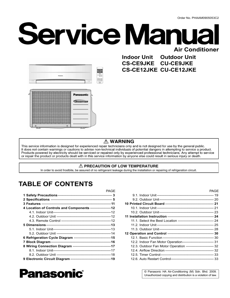 Panasonic Air Conditioner CS-CE9JKE User manual Panasonic Air Conditioner CS-CE9JKE User manual