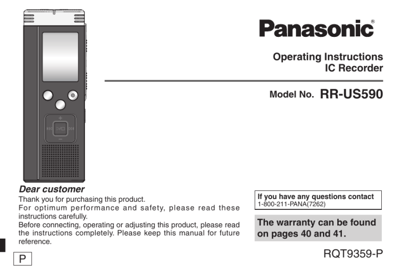 Panasonic Microcassette Recorder RQT9359-P User manual Panasonic Microcassette Recorder RQT9359-P User manual