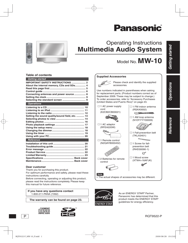 Panasonic MP3 Player MW-10 User manual Panasonic MP3 Player MW-10 User manual