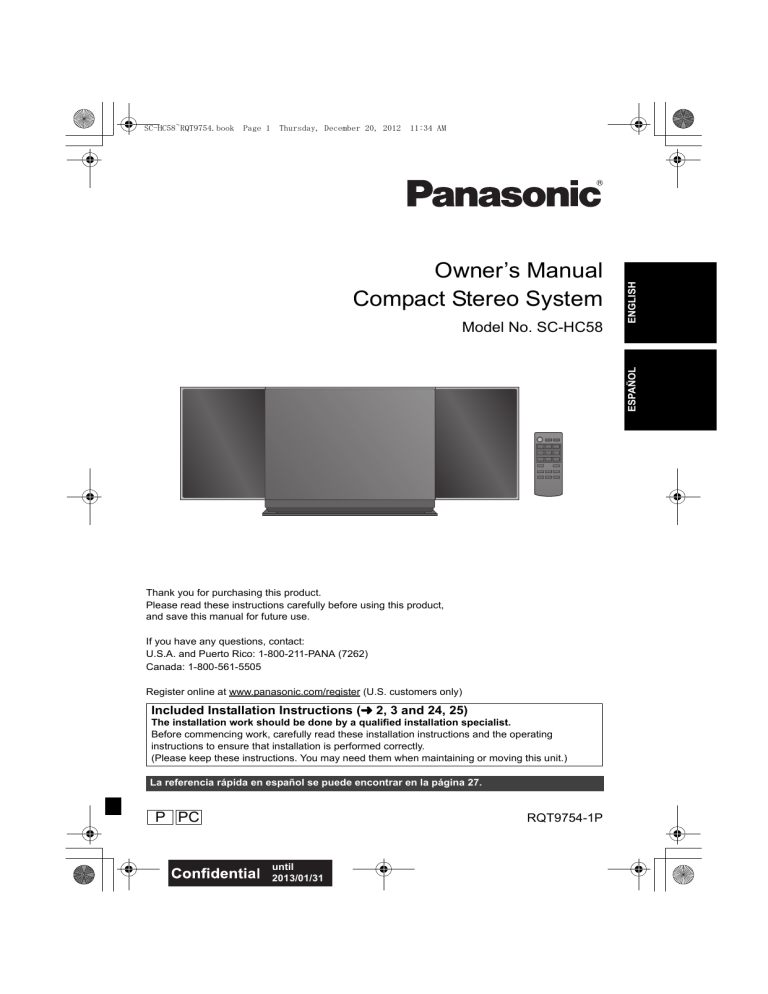 Panasonic Portable Stereo System SCHC58 User manual Panasonic Portable Stereo System SCHC58 User manual