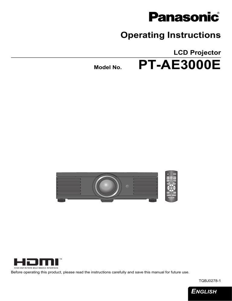 Panasonic Projector PT-AE3000E User manual Panasonic Projector PT-AE3000E User manual