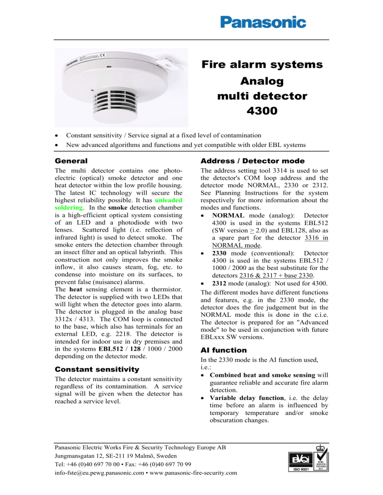 Panasonic Smoke Alarm 4300 User manual Panasonic Smoke Alarm 4300 User manual