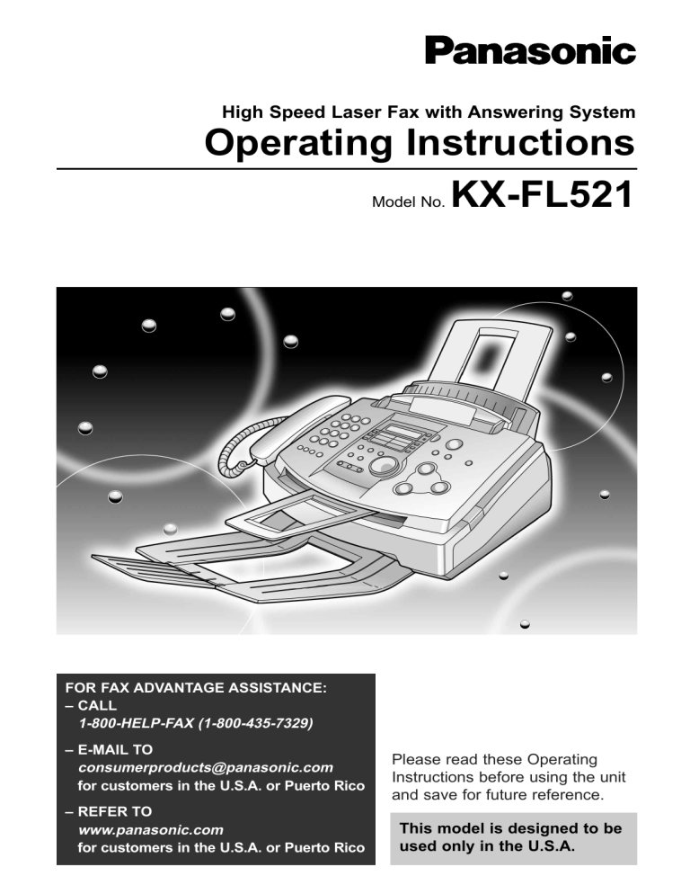 Panasonic Answering Machine KX-FL521 User manual Panasonic Answering Machine KX-FL521 User manual