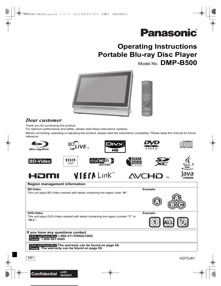 Panasonic Blu-ray Player DMP-B500 User manual Panasonic Blu-ray Player DMP-B500 User manual