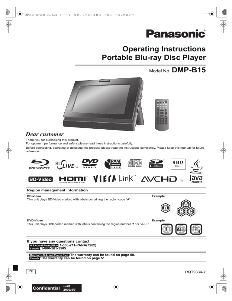 Panasonic Blu-ray Player DMP-B15 User manual Panasonic Blu-ray Player DMP-B15 User manual