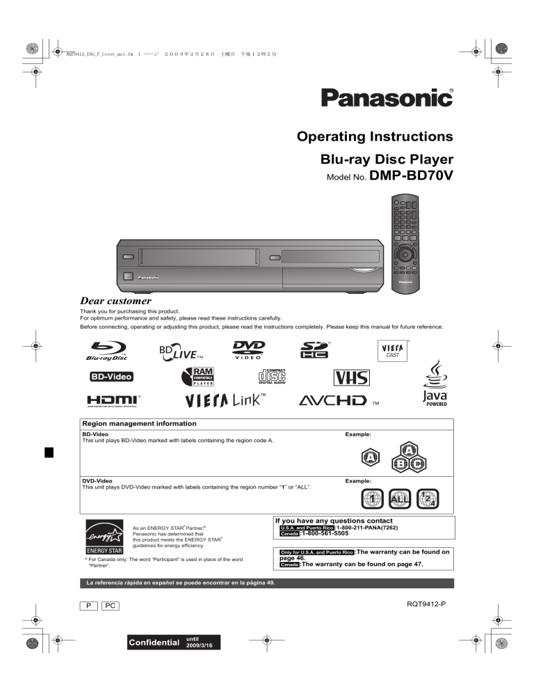 Panasonic Blu-ray Player DMP-BD70V User manual Panasonic Blu-ray Player DMP-BD70V User manual