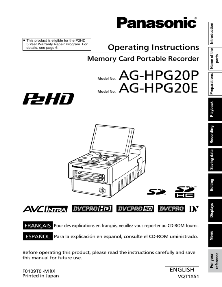 Panasonic Camera Accessories AG-HPG20E User manual Panasonic Camera Accessories AG-HPG20E User manual