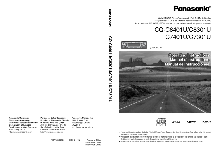 Panasonic Car Stereo System C7301U User manual Panasonic Car Stereo System C7301U User manual