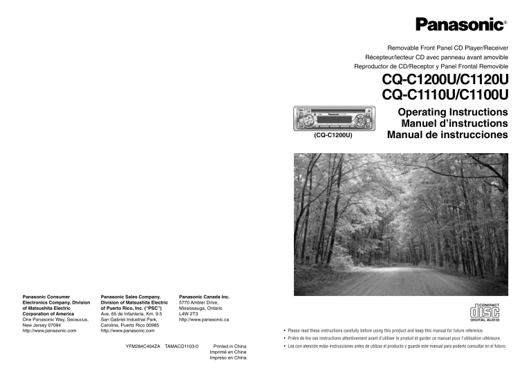 Panasonic Car Stereo System CQ-C1100U User manual Panasonic Car Stereo System CQ-C1100U User manual