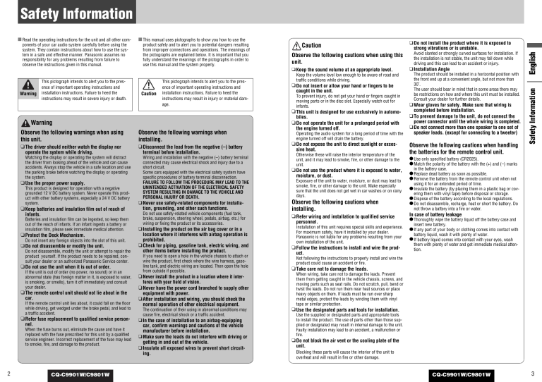 Panasonic Car Stereo System C9801W User manual Panasonic Car Stereo System C9801W User manual
