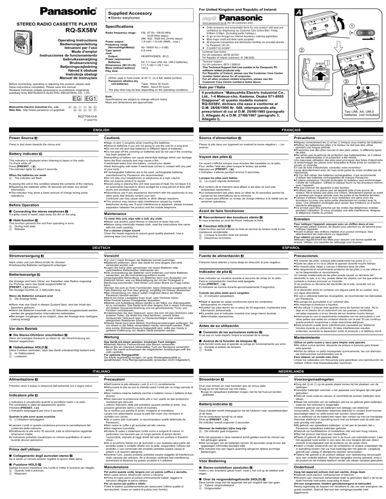 Panasonic Cassette Player RQ-SX58V User manual Panasonic Cassette Player RQ-SX58V User manual