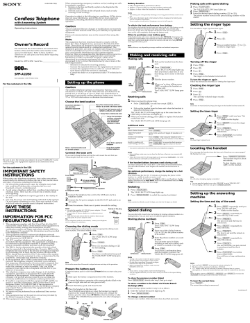 Sony Cordless Telephone SPP-A1050 User manual Sony Cordless Telephone SPP-A1050 User manual