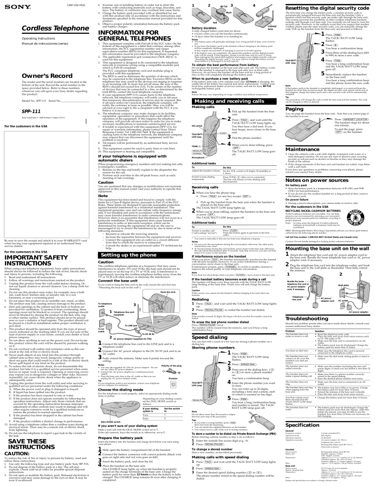 Sony Cordless Telephone SPP-111 User manual Sony Cordless Telephone SPP-111 User manual