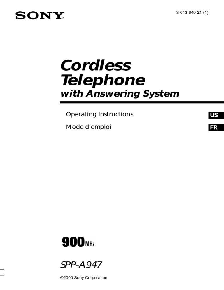 Sony Cordless Telephone SPP-A947 User manual Sony Cordless Telephone SPP-A947 User manual